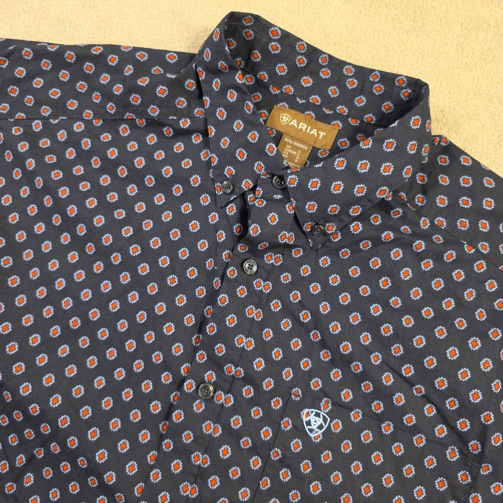 Ariat Button Down Shirt Mens L Navy Orange Geometric Western Workwear Medallion
